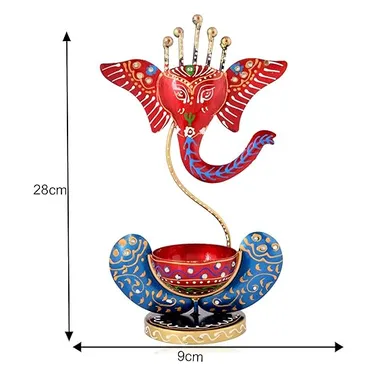 Lord Ganesha Tealight Candle Holder- Hand Painted Metal Decorative Statue, Red-Blue, Perfect for Pooja Room & Diwali Decoration  thumbnail 1