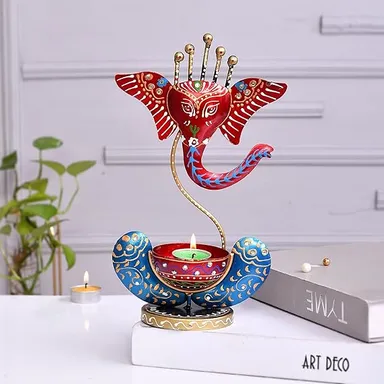 Lord Ganesha Tealight Candle Holder- Hand Painted Metal Decorative Statue, Red-Blue, Perfect for Pooja Room & Diwali Decoration  thumbnail 2