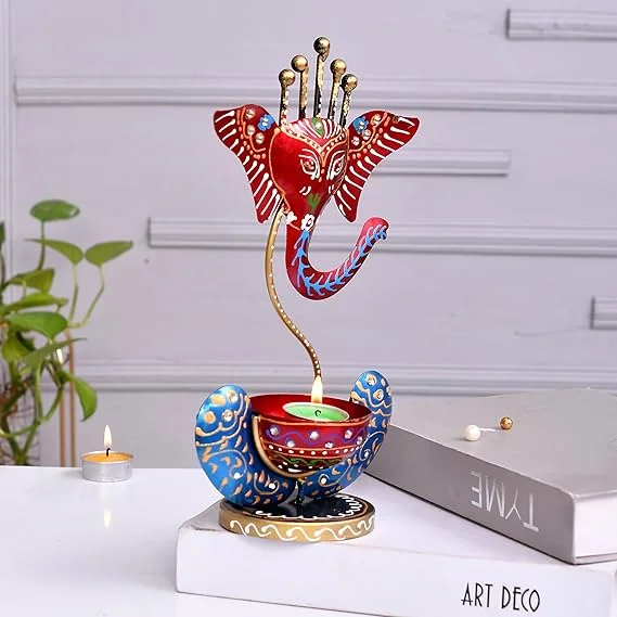 Lord Ganesha Tealight Candle Holder- Hand Painted Metal Decorative Statue, Red-Blue, Perfect for Pooja Room & Diwali Decoration  image 4