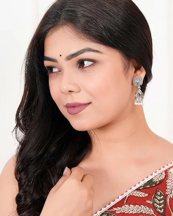 Traditional Silver Oxidised Chandbali Jhumka Earrings for Women | Ethnic Design, Oxidised Silver Jhumki by ASHAPURA GROUP image 2
