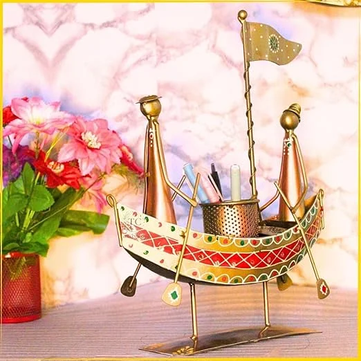TUKKU COLLECTIONS Antique Multicolor Pen Stand | Metal Desk Organizer | Pen Holder for Home & Office | 32x8.5x30 cm image 1