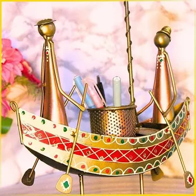 TUKKU COLLECTIONS Antique Multicolor Pen Stand | Metal Desk Organizer | Pen Holder for Home & Office | 32x8.5x30 cm thumbnail 1