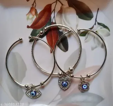 Evil Eye Bracelet for Protection | Dainty Adjustable Nazar Bracelet, Good Luck Bracelet for Women, Silver Plated Cuff Bracelet Set of 3 thumbnail 0