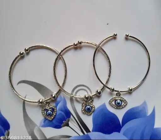 Evil Eye Bracelet for Protection | Dainty Adjustable Nazar Bracelet, Good Luck Bracelet for Women, Silver Plated Cuff Bracelet Set of 3 image 2
