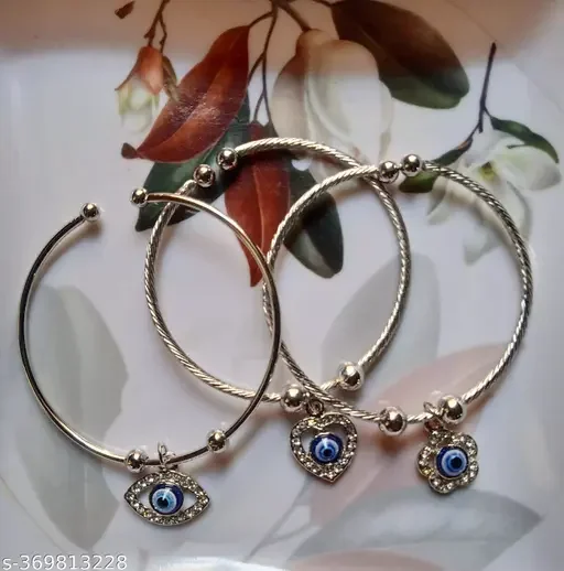 Evil Eye Bracelet for Protection | Dainty Adjustable Nazar Bracelet, Good Luck Bracelet for Women, Silver Plated Cuff Bracelet Set of 3 image 3