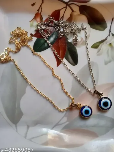 Evil Eye Necklace for Women, Adjustable Protection Jewelry Nazar Pendant, Dainty Onyx Necklace Combo | Silver Plated thumbnail 0