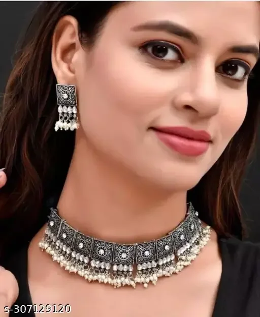 Oxidised Silver Jewelry Set with Adjustable Choker Necklace & Earrings | Alloy Cubic Zirconia, American Diamond, Traditional Indian Jewelry image 1