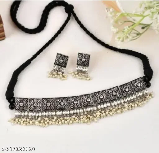 Oxidised Silver Jewelry Set with Adjustable Choker Necklace & Earrings | Alloy Cubic Zirconia, American Diamond, Traditional Indian Jewelry image 2