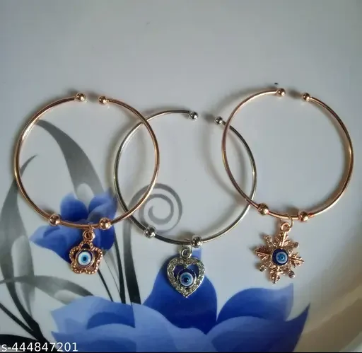 Evil Eye Bracelet Set of 3 |Adjustable Silver Plated Protection Jewelry for Women & Men | Nazar Good Luck Cuff Bracelets image 1