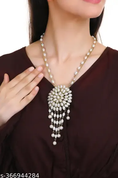 White Freshwater Pearl Three Strand Designer Necklace Set for Women | Elegant Bridal Jewelry with Gold-tone Clasp thumbnail 2