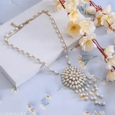 White Freshwater Pearl Three Strand Designer Necklace Set for Women | Elegant Bridal Jewelry with Gold-tone Clasp thumbnail 1