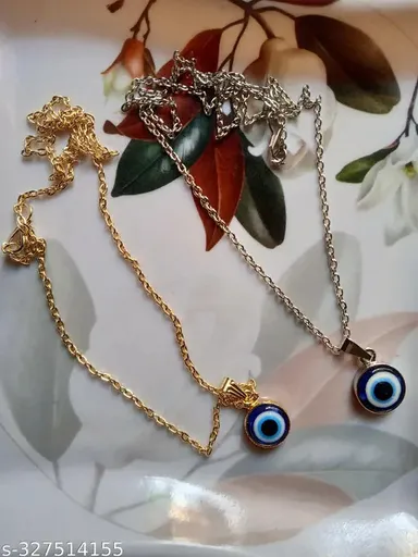 Evil Eye Pendant Gold and Silver Color Pack of 2 | Adjustable  Necklace with Onyx Stone Protective and Fashion Jewelry thumbnail 1
