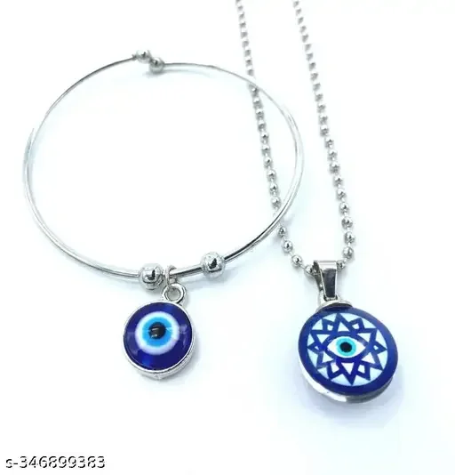 Evil Eye Pendant Necklace and Evil Eye Bracelet Combo | Silver Plated Adjustable Necklace, Natural Blue Onyx Pendant for Men & Women image 1