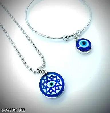 Evil Eye Pendant Necklace and Evil Eye Bracelet Combo | Silver Plated Adjustable Necklace, Natural Blue Onyx Pendant for Men & Women thumbnail 1