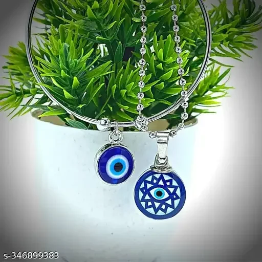 Evil Eye Pendant Necklace and Evil Eye Bracelet Combo | Silver Plated Adjustable Necklace, Natural Blue Onyx Pendant for Men & Women image 3