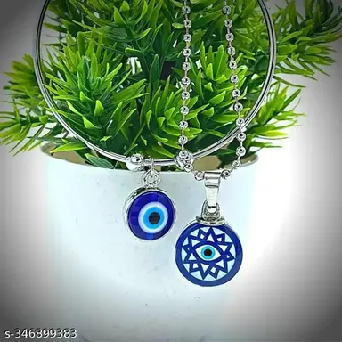 Evil Eye Pendant Necklace and Evil Eye Bracelet Combo | Silver Plated Adjustable Necklace, Natural Blue Onyx Pendant for Men & Women thumbnail 2