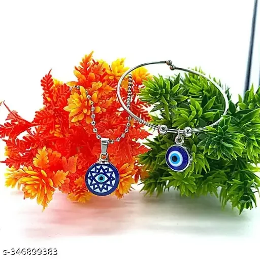 Evil Eye Pendant Necklace and Evil Eye Bracelet Combo | Silver Plated Adjustable Necklace, Natural Blue Onyx Pendant for Men & Women image 4