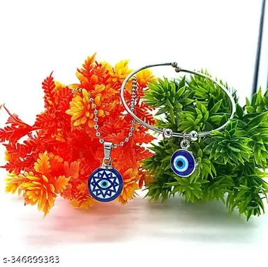 Evil Eye Pendant Necklace and Evil Eye Bracelet Combo | Silver Plated Adjustable Necklace, Natural Blue Onyx Pendant for Men & Women thumbnail 3