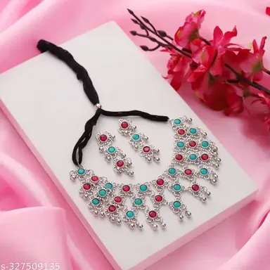 Latest Trendy Designer Choker Necklace Oxidized Silver Plated Designer Party wear Jewelry set with earring ,necklace,jewellery set,necklace set, thumbnail 1