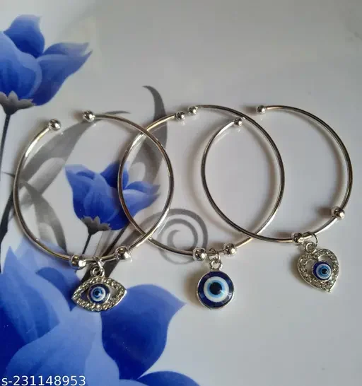 Trendy Silver Evil Eye Bracelets Adjustable Alloy Kada with American Diamonds for Women, Silver Plated, SlipOn Design, Ideal for Casual Outfits (Pack of 3) image 1