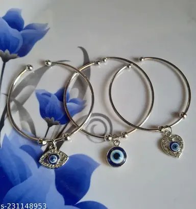 Trendy Silver Evil Eye Bracelets Adjustable Alloy Kada with American Diamonds for Women, Silver Plated, SlipOn Design, Ideal for Casual Outfits (Pack of 3) thumbnail 0