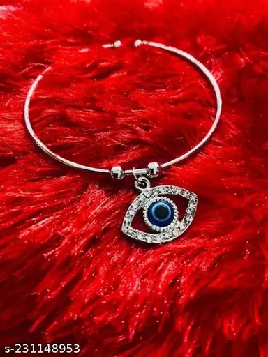 Trendy Silver Evil Eye Bracelets Adjustable Alloy Kada with American Diamonds for Women, Silver Plated, SlipOn Design, Ideal for Casual Outfits (Pack of 3) thumbnail 2