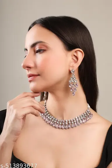 Silver Plated American Diamond Necklace Set | Zirconium Faux Pendant Choker with Earrings | Peach Color Party Wear Jewelry for Women thumbnail 0