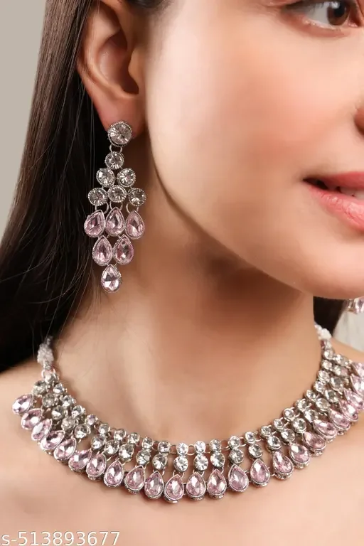 Silver Plated American Diamond Necklace Set | Zirconium Faux Pendant Choker with Earrings | Peach Color Party Wear Jewelry for Women image 2