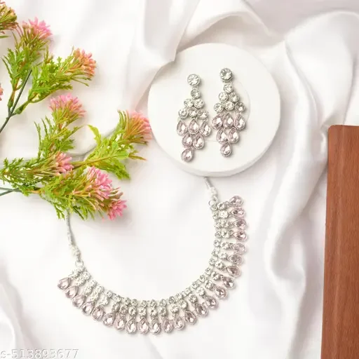 Silver Plated American Diamond Necklace Set | Zirconium Faux Pendant Choker with Earrings | Peach Color Party Wear Jewelry for Women image 3