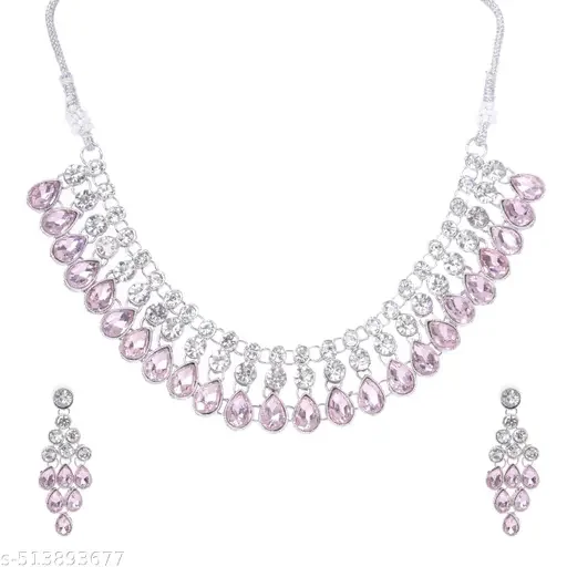Silver Plated American Diamond Necklace Set | Zirconium Faux Pendant Choker with Earrings | Peach Color Party Wear Jewelry for Women image 4