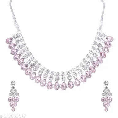 Silver Plated American Diamond Necklace Set | Zirconium Faux Pendant Choker with Earrings | Peach Color Party Wear Jewelry for Women thumbnail 3