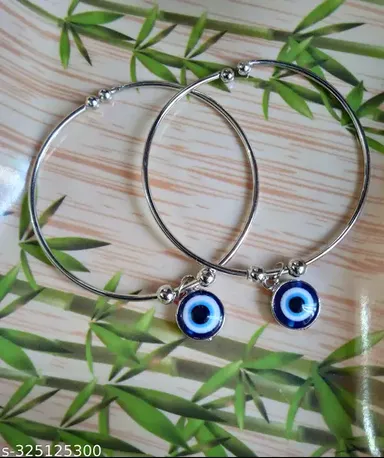 Stainless Steel Evil Eye Silver Charm Bracelet (Pack of 2) | Adjustable Protection Cuff | Free Size | Nazar Battu| Unisex | Indian Origin thumbnail 0