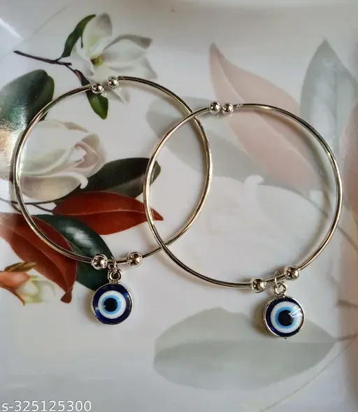 Stainless Steel Evil Eye Silver Charm Bracelet (Pack of 2) | Adjustable Protection Cuff | Free Size | Nazar Battu| Unisex | Indian Origin image 2