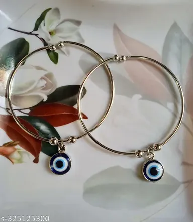 Stainless Steel Evil Eye Silver Charm Bracelet (Pack of 2) | Adjustable Protection Cuff | Free Size | Nazar Battu| Unisex | Indian Origin thumbnail 1
