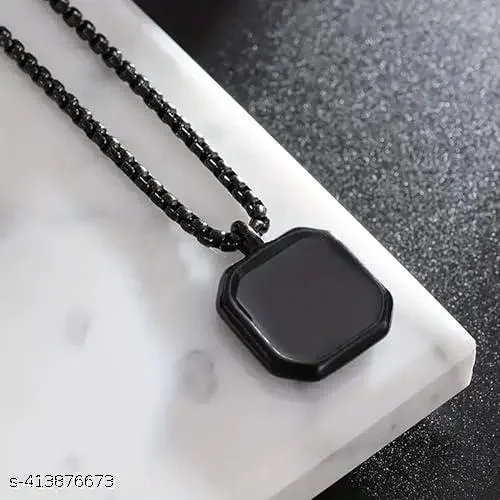 Stainless Steel Geometric Black Square Punk Locket Pendant Necklace with Black Chain for Men & Boys | EIT Collection image 1