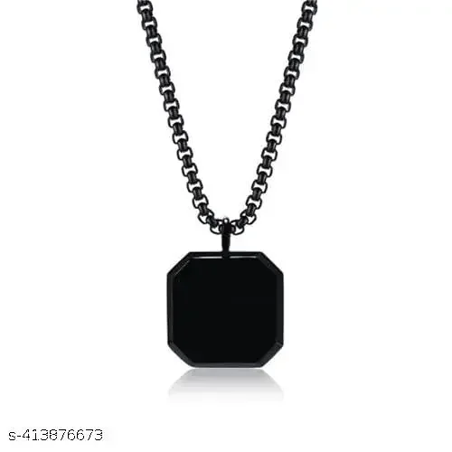 Stainless Steel Geometric Black Square Punk Locket Pendant Necklace with Black Chain for Men & Boys | EIT Collection image 2
