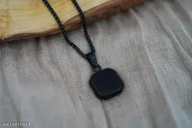 Stainless Steel Geometric Black Square Punk Locket Pendant Necklace with Black Chain for Men & Boys | EIT Collection thumbnail 3