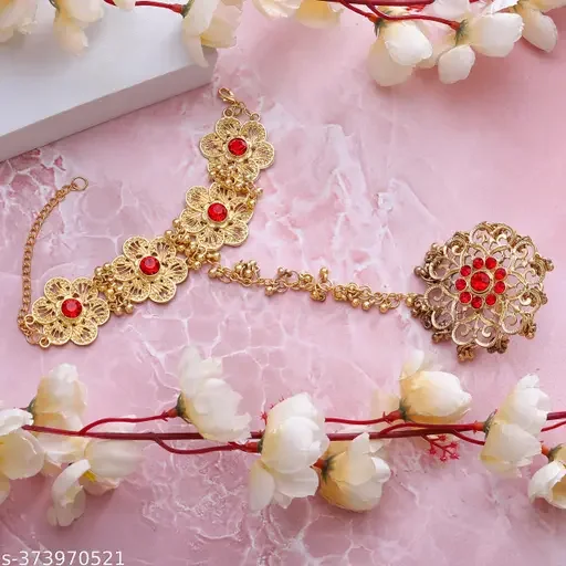 Trendy Designer Bridal Ring Bracelet with American Diamond Stud for Girls and Women | Adjustable Gold Plated Haathphool image 1