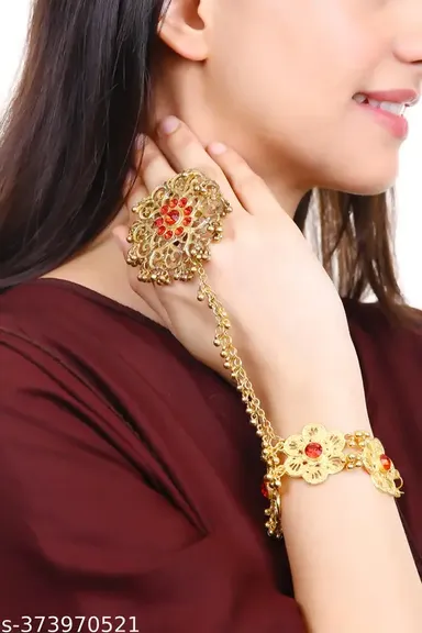 Trendy Designer Bridal Ring Bracelet with American Diamond Stud for Girls and Women | Adjustable Gold Plated Haathphool thumbnail 1