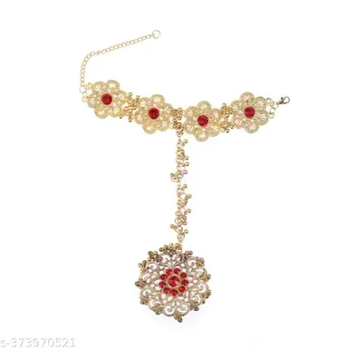 Trendy Designer Bridal Ring Bracelet with American Diamond Stud for Girls and Women | Adjustable Gold Plated Haathphool thumbnail 2