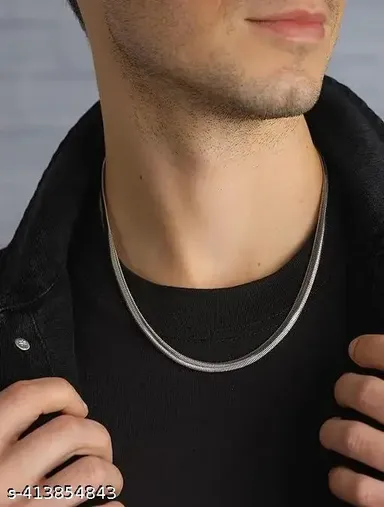 Stainless Steel 17" Inch Herringbone Necklace Chain for Men and Women | Silver Color Flat Snake Chain, 4mm Width, Casual & Fashionable, Affordable Jewelry thumbnail 0
