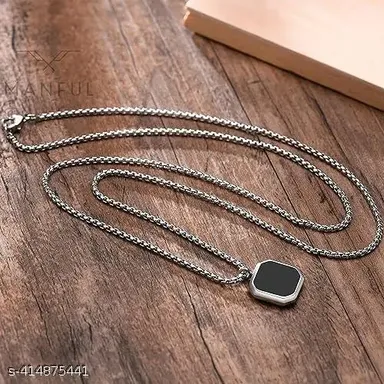 Emerald Necklace Square Pendant Minimalistic Healing Chain Combo |Retro Geometric Stainless Steel Unisex Punk Locket Pendant thumbnail 2