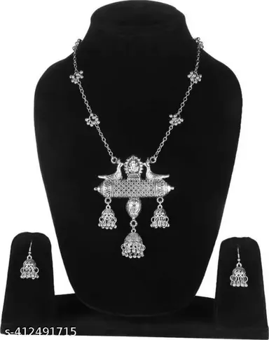 Oxidised Silver Necklace Set for Women | Two Pigeon Pendant Choker with Pearl Earrings |Alloy Jewellery Combo thumbnail 1