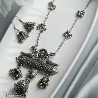 Oxidised Silver Necklace Set for Women | Two Pigeon Pendant Choker with Pearl Earrings |Alloy Jewellery Combo thumbnail 2
