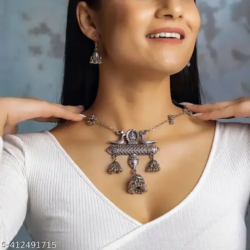 Oxidised Silver Necklace Set for Women | Two Pigeon Pendant Choker with Pearl Earrings |Alloy Jewellery Combo image 1