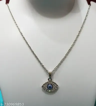 Blue Evil Eye Pendant Necklace for Women, Turkish Silver Plated Necklace, Trendy Pendant for Girls, Evil Eye Jewelry thumbnail 0