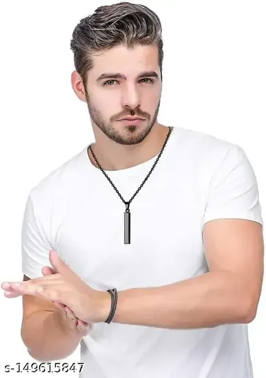Custom Name Locket Pendant Necklace Stainless Steel |Personalized 3D Vertical Bar Cuboid Engraved Name Chain for Men and Boys thumbnail 0