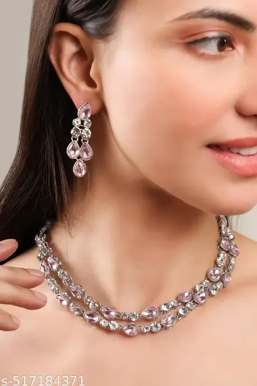Luxury Silver Plated Cubic Zirconia Two |Layer Necklace for Weddings, Bridal Statement Necklace with Adjustable Size | Glamorous Jewelry for Special Occasions image 3