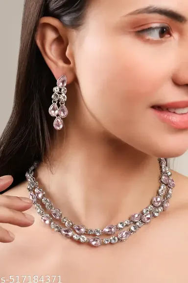 Luxury Silver Plated Cubic Zirconia Two |Layer Necklace for Weddings, Bridal Statement Necklace with Adjustable Size | Glamorous Jewelry for Special Occasions thumbnail 2