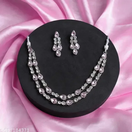 Luxury Silver Plated Cubic Zirconia Two |Layer Necklace for Weddings, Bridal Statement Necklace with Adjustable Size | Glamorous Jewelry for Special Occasions image 2